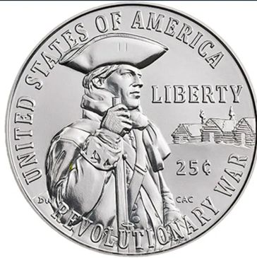 A 25-cent coin commemorating the American Revolutionary War with a colonial soldier and log cabins.