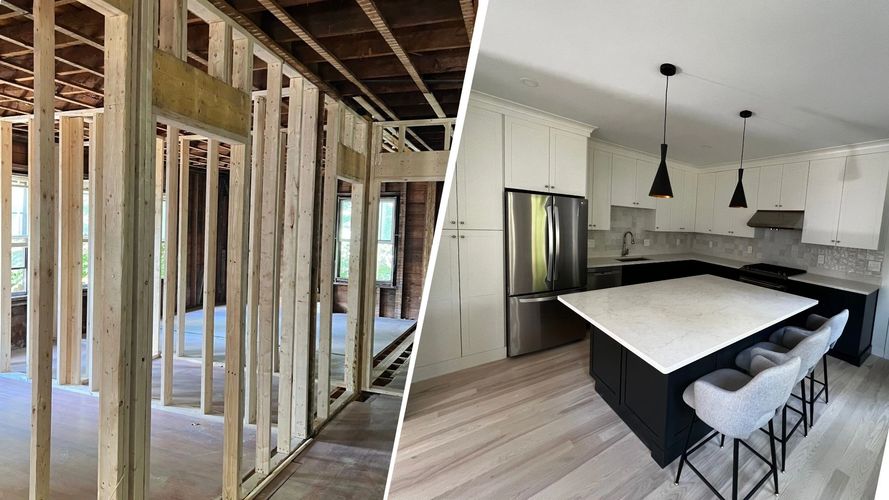 Before and after images of a home renovation from framing to a modern kitchen.