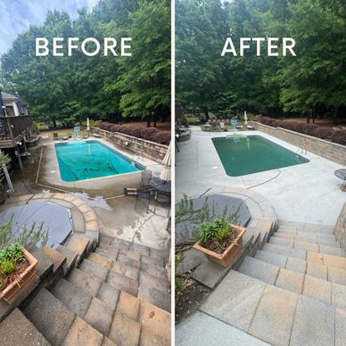Pool area before and after renovation, showing cleaner and newer surfaces.