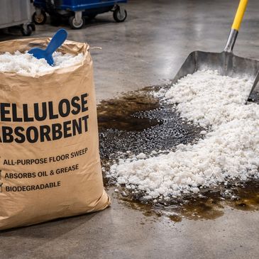 A bag of cellulose absorbent with spilled absorbent on an oily floor being shoveled.