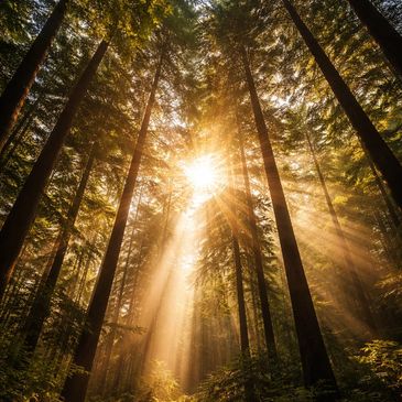 Sunlight streams through tall forest trees, illuminating the greenery below.