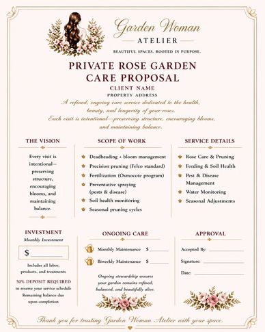 Elegant private rose garden care proposal form with detailed service and investment sections.