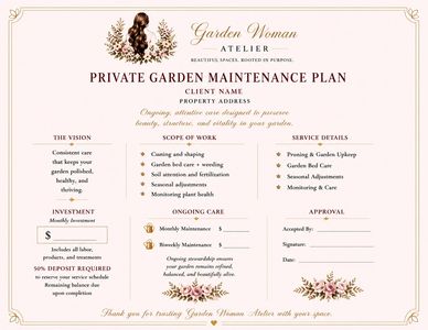 Elegant private garden maintenance plan with detailed care and investment sections.