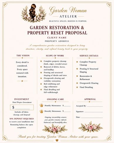 A garden restoration and property reset proposal form from Garden Woman Atelier.