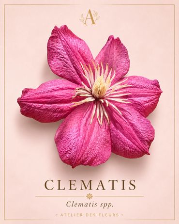 A vibrant pink clematis flower on a soft pink background.