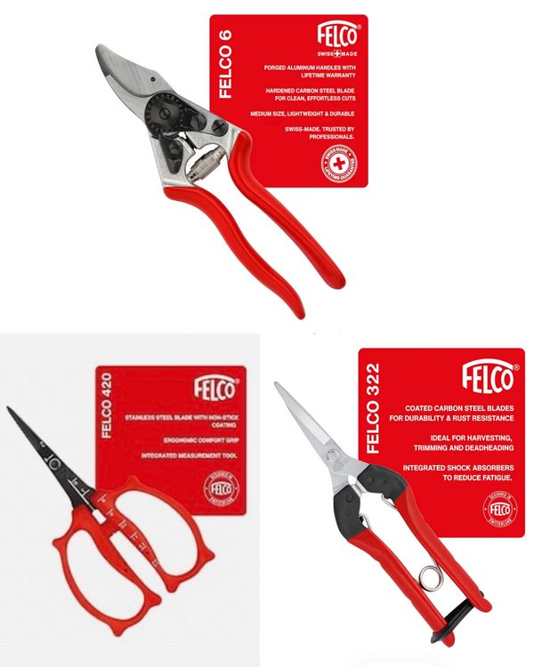 Three types of Felco gardening tools with red handles and detailed descriptions.