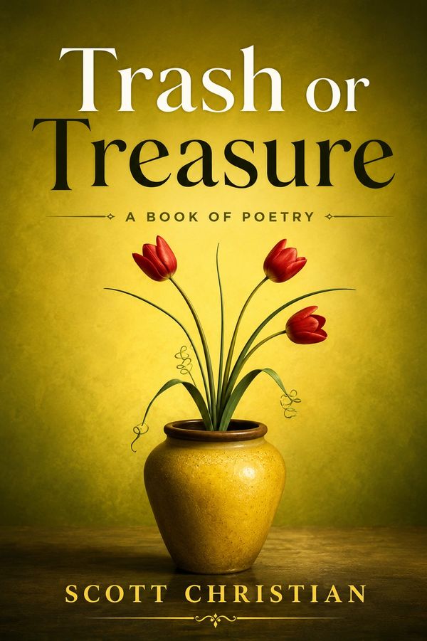 Book cover with red tulips in a yellow pot and title Trash or Treasure.