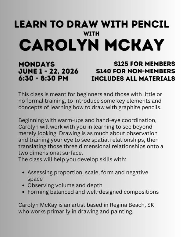 Learn to draw with pencil basics in a class by Carolyn McKay, starting June 1, 2026.