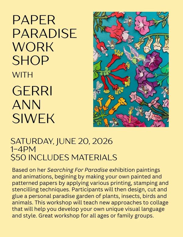 Workshop flyer for Paper Paradise with Gerri Ann Siwek, June 20, 2026.