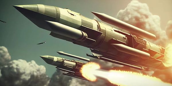 Two missiles launch with fiery thrust through cloudy skies.