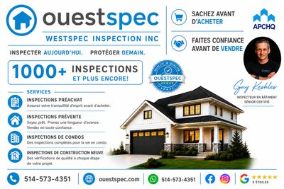 Publicité pour Westspec Inspection Inc., offrant des inspections immobilières variées avec contact et garantie.