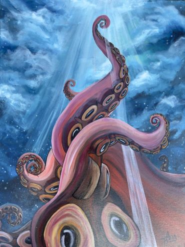 Twisted tentacles of an octopus reaching towards the clouds as light shines upon it from above.