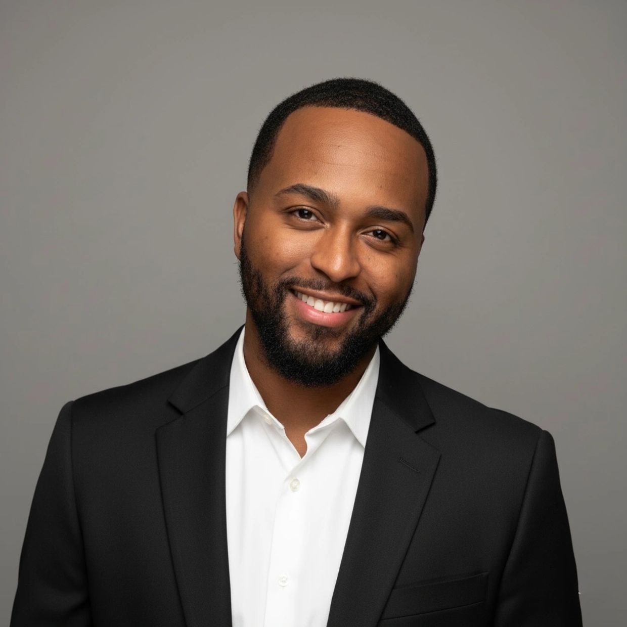 Smiling man in a black suit and white shirt against a gray background.