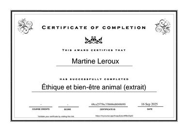 Certificat de complétion pour Martine Leroux en éthique et bien-être animal.