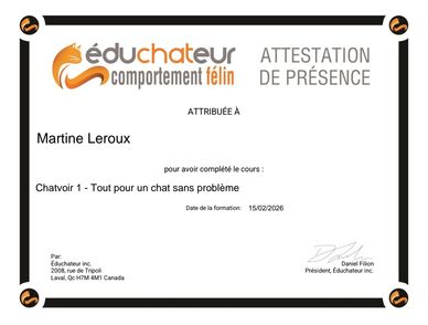 Attestation de présence pour un cours sur le comportement des chats.