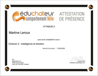 Attestation de présence pour un cours sur le comportement félin.