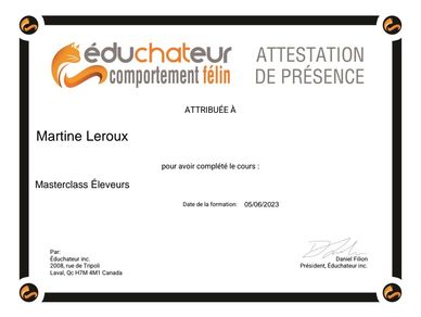 Attestation de présence pour Martine Leroux au Masterclass Éleveurs.