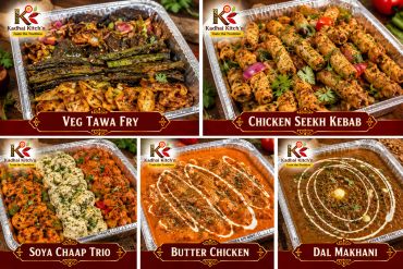 Delicious Indian dishes including Veg Tawa Fry, Chicken Seekh Kebab, Soya Chaap Trio, Butter Chicken, and Dal Makhani.