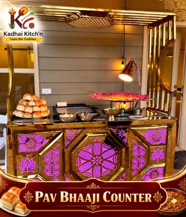 Pav Bhaaji food counter with decorative lights.