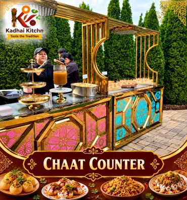Chaat food counter with colorful decor and traditional treats.