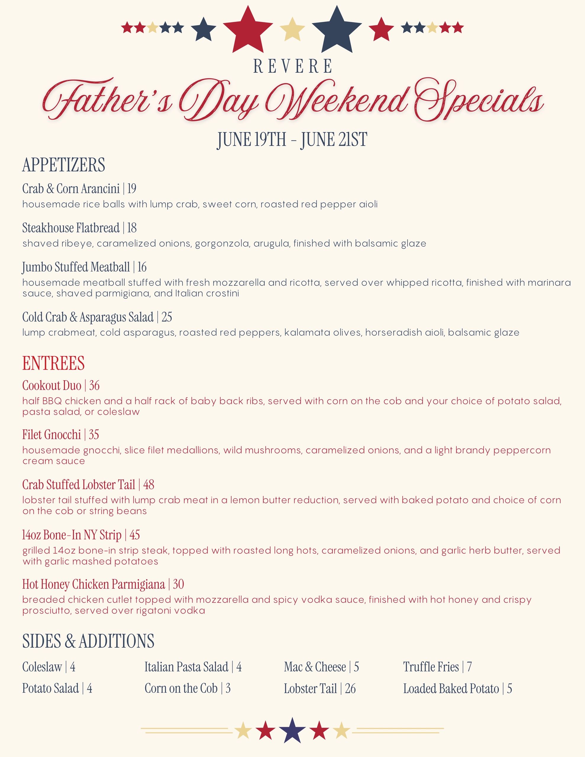 Father's Day Weekend Specials menu with patriotic star design.