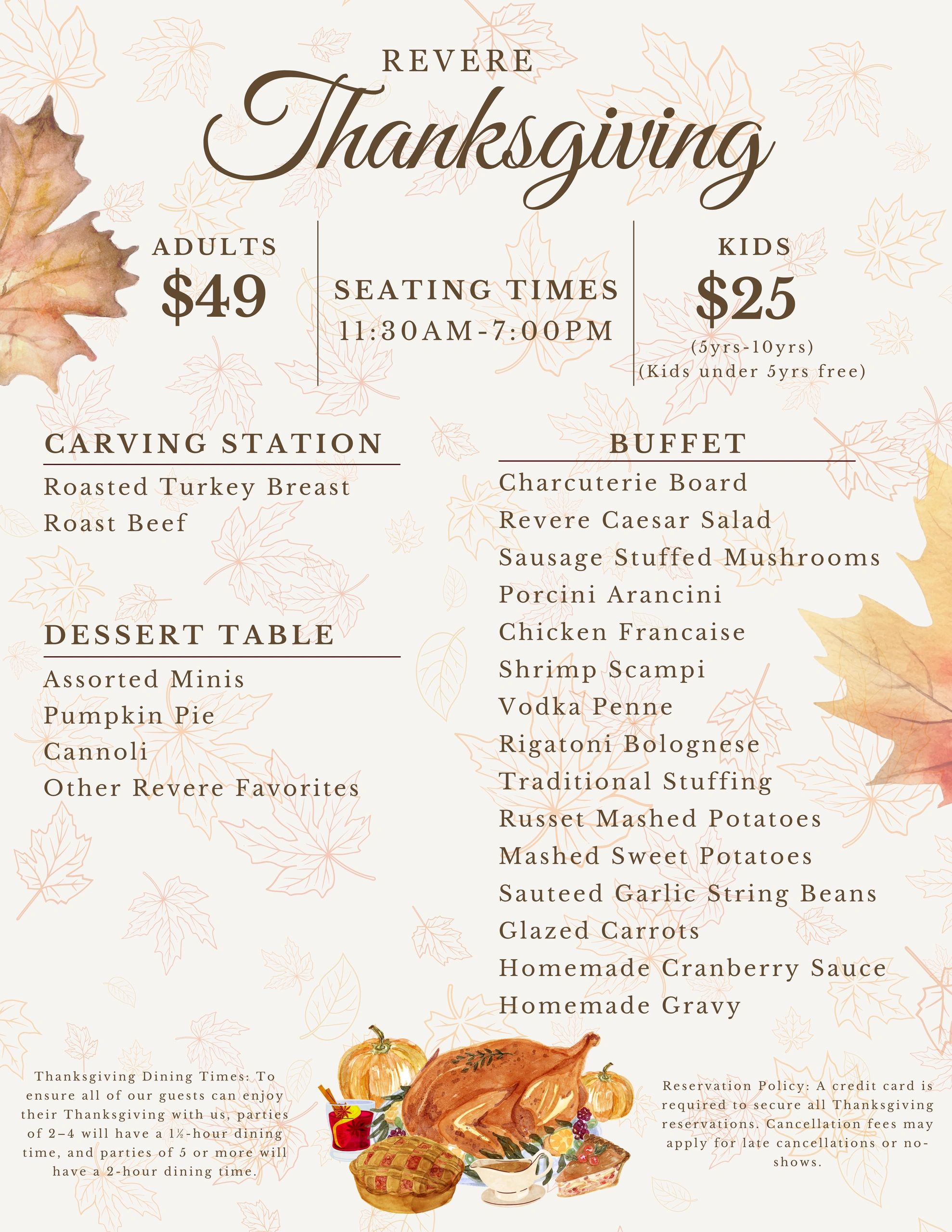 Thanksgiving menu with pricing and dining details.
