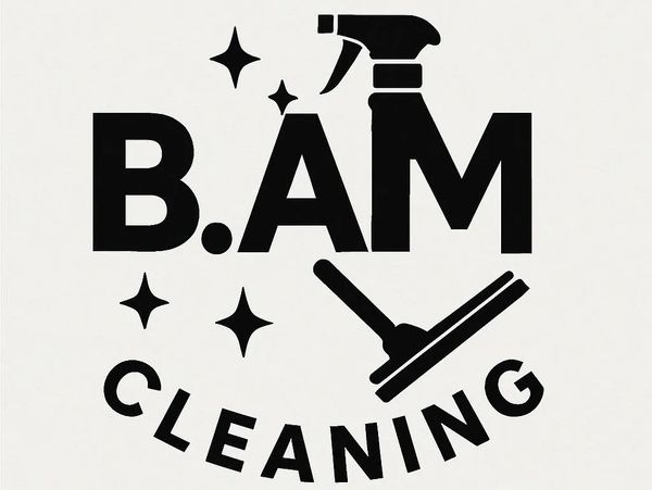 Logo for B.AM Cleaning featuring a spray bottle and squeegee.