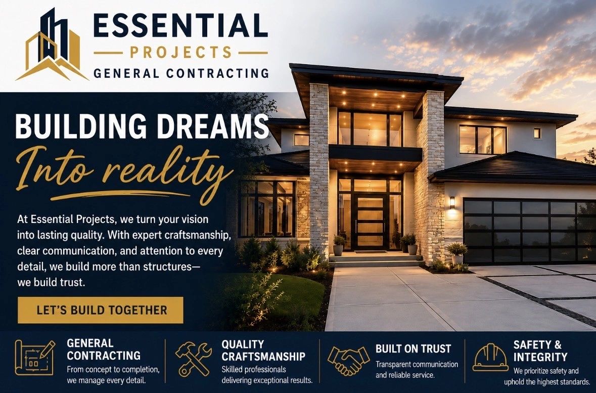 Essential Projects general contracting advertisement with a luxury home.