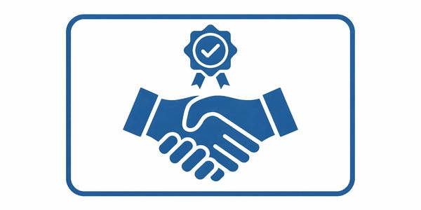 Blue handshake icon with a quality check badge above it.