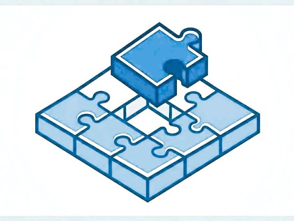 Blue 3D puzzle piece fitting into a larger puzzle base.