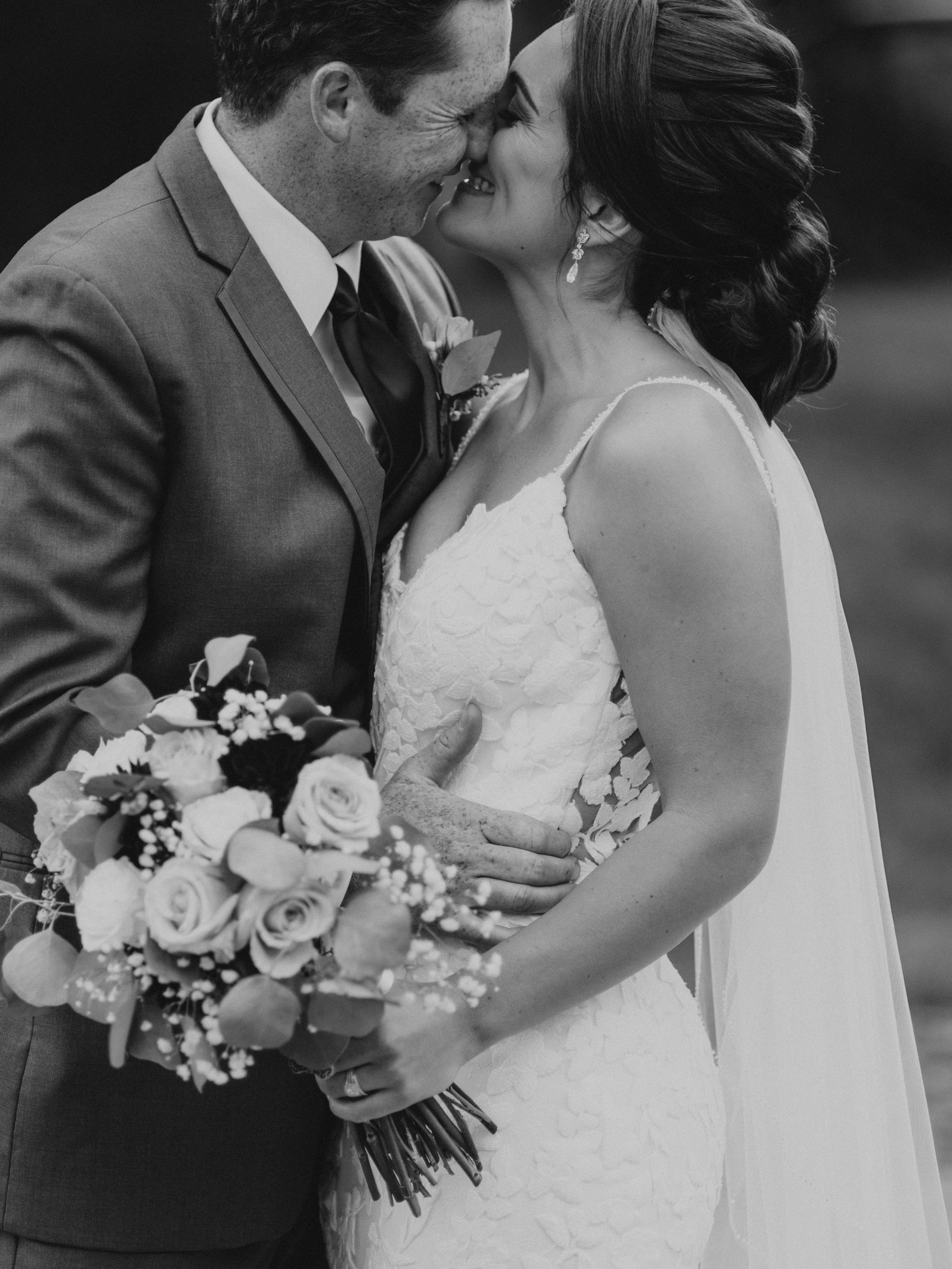 Black and white wedding portrait of bride and groom in Trenton, Quinte West, Ontario