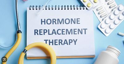Notebook with 'Hormone Replacement Therapy' text surrounded by medical items.