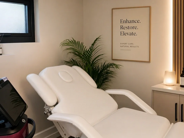 A clean, modern spa treatment room with a white reclining chair.