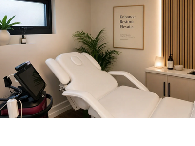 Modern spa room with a white treatment chair and calming decor.