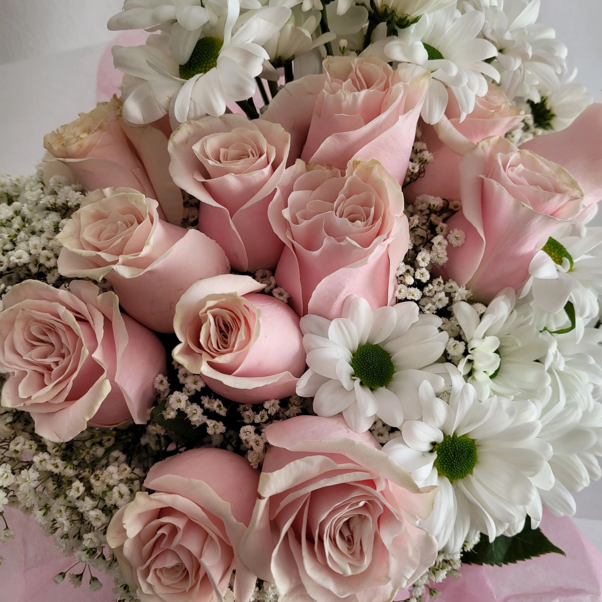 Pink roses and white mums floral arrangement