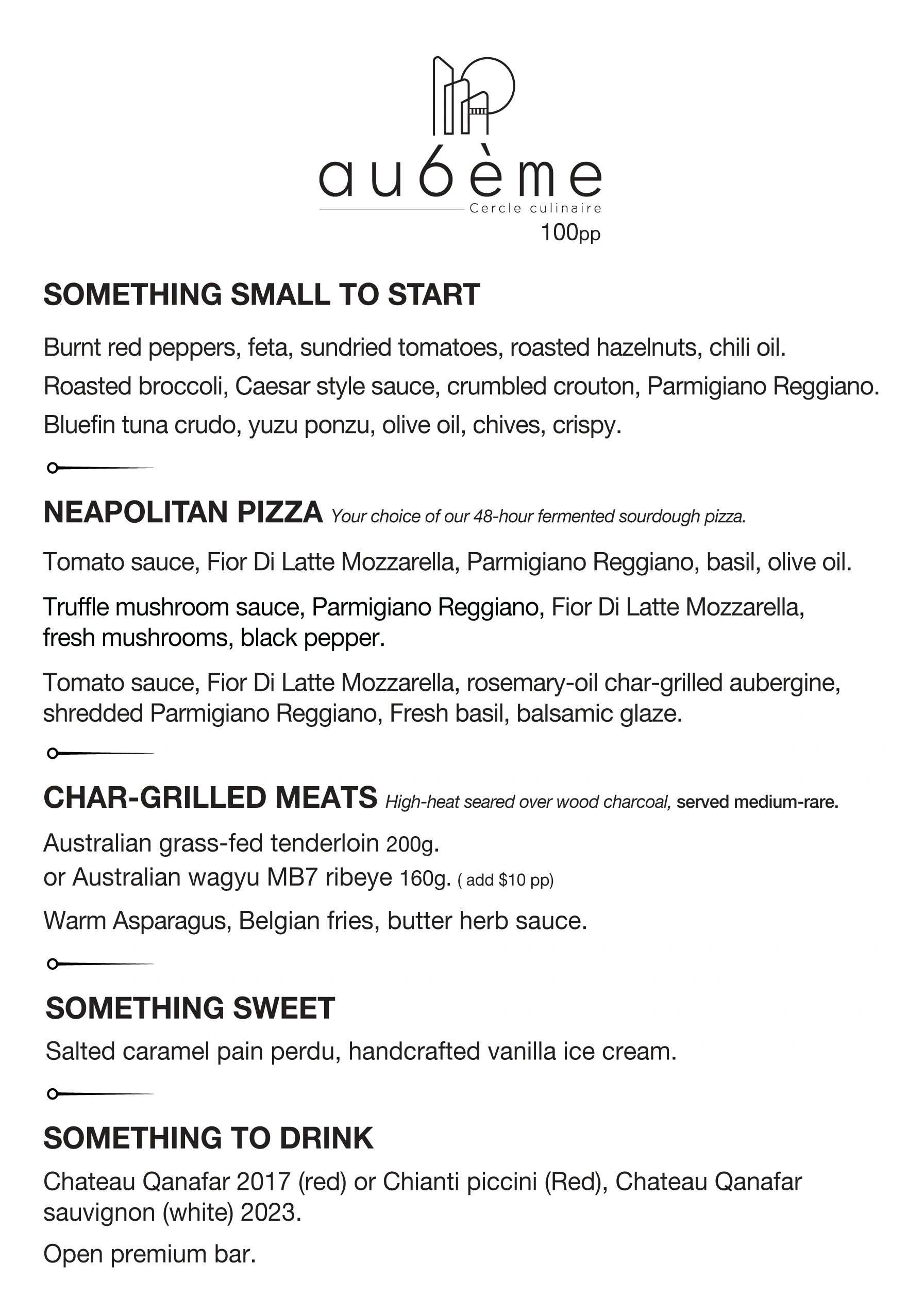 Menu featuring starters, Neapolitan pizzas, char-grilled meats, desserts, and drinks.