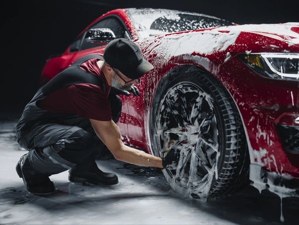 Red Sportscar's Wheels Covered in Shampoo Being Rubbed by a Soft Sponge 