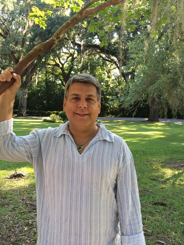 Man in a striped shirt holding a tree branch in a sunny park.