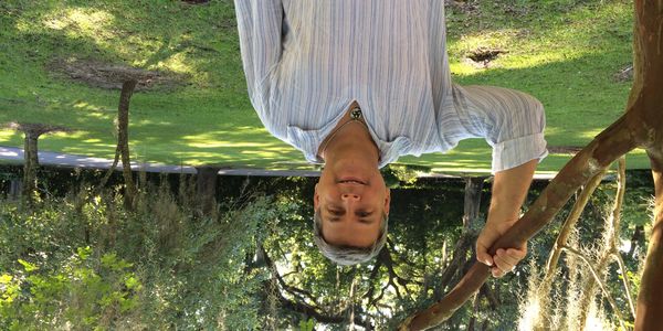 Man in a striped shirt holding a tree branch in a sunny park.