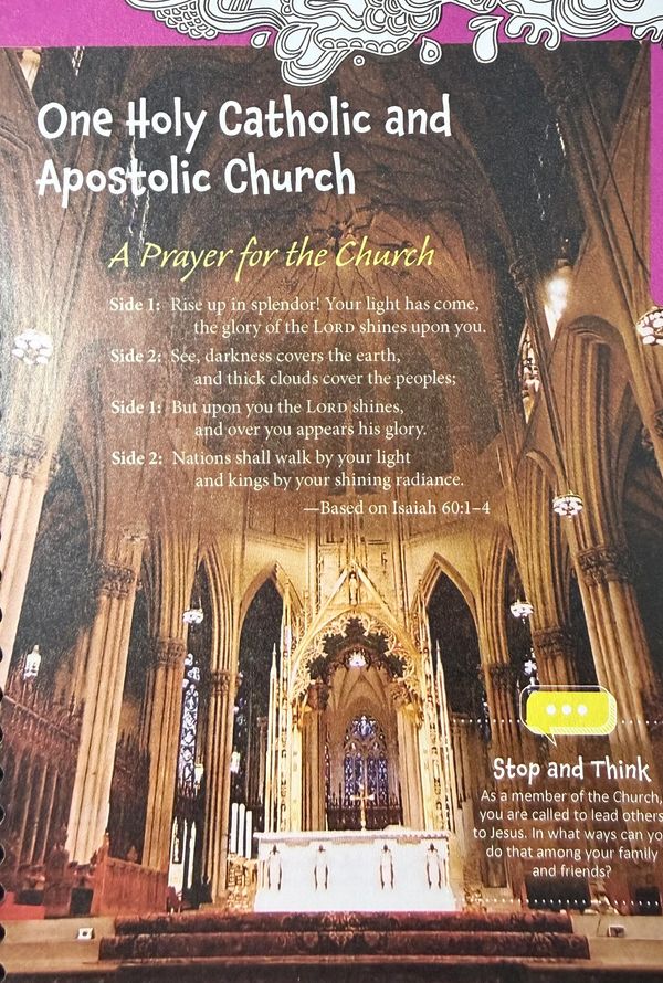 Interior of a grand cathedral with a prayer for the Church and a reflective lesson.