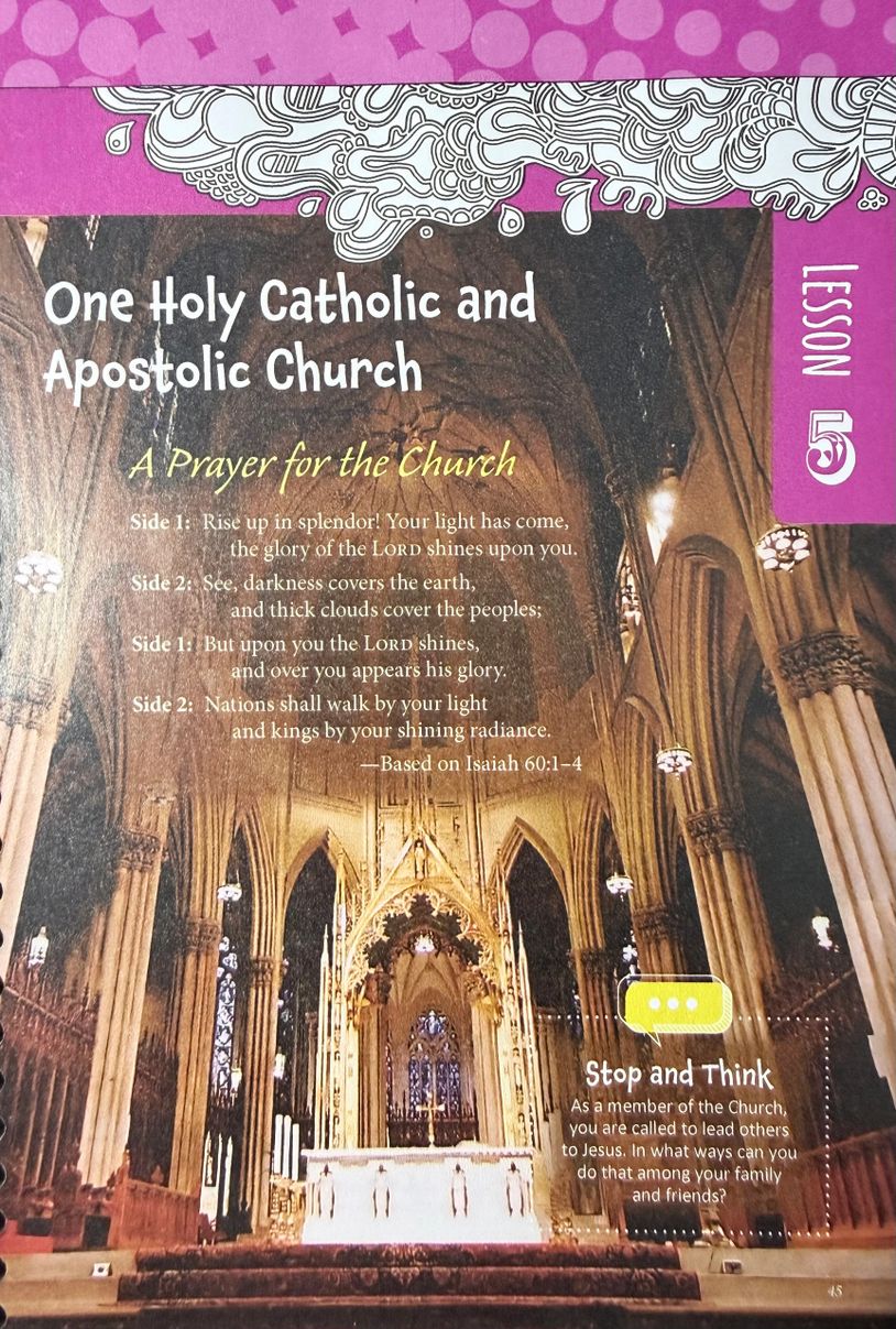 Interior of a grand cathedral with a prayer for the Church and a reflective lesson.