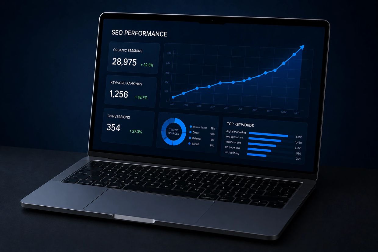 Laptop displaying SEO performance analytics with growth charts and keyword rankings.