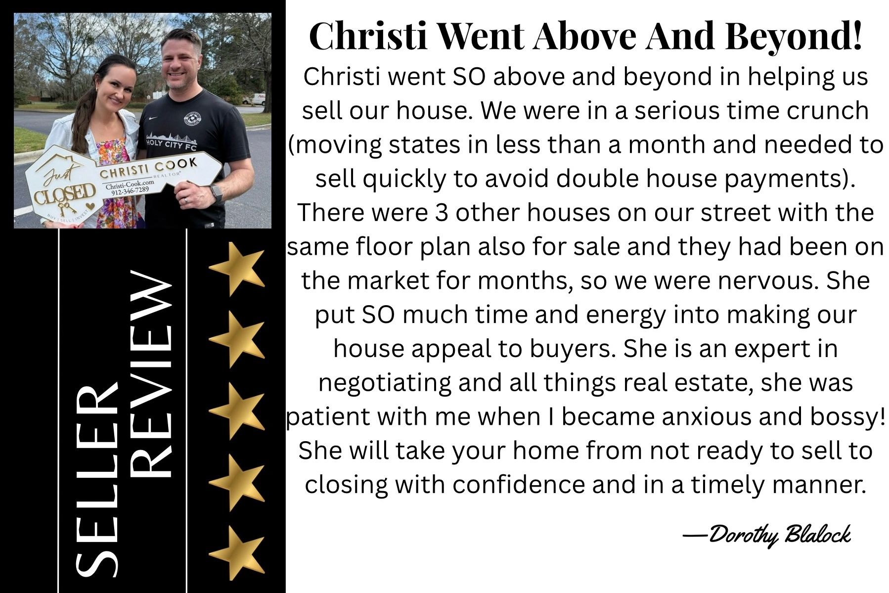 Clients holding sign on closing day