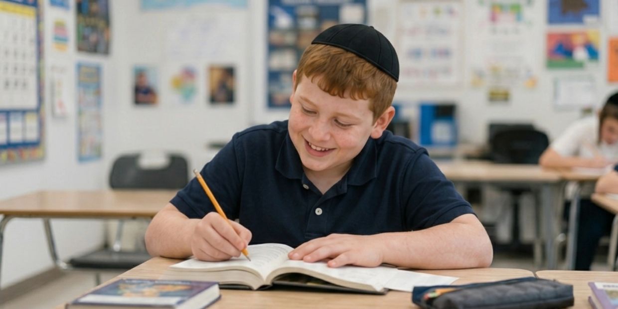 A smiling boy wearing a kippah writes in a book at his classroom desk.