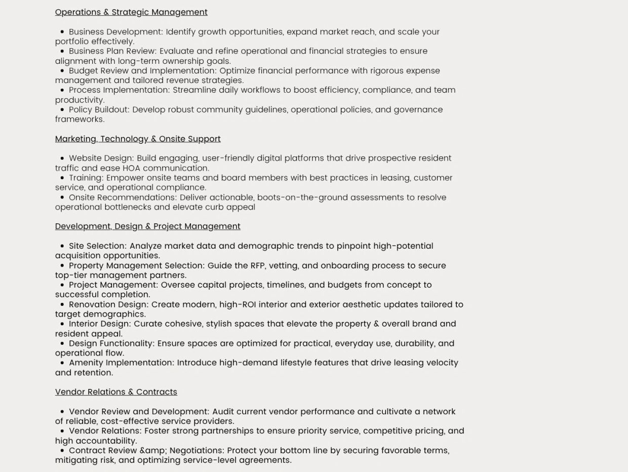 Document outlining strategic business management areas.