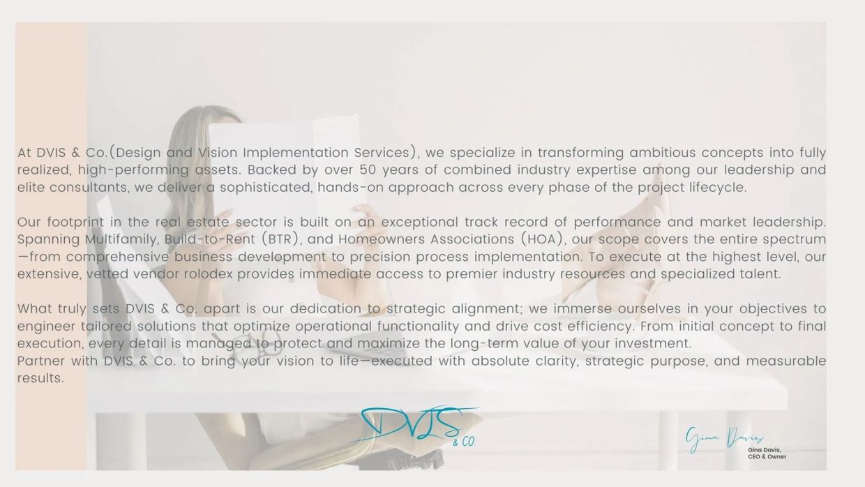 Person reading document at a desk with text about DVIS &amp; Co. services.