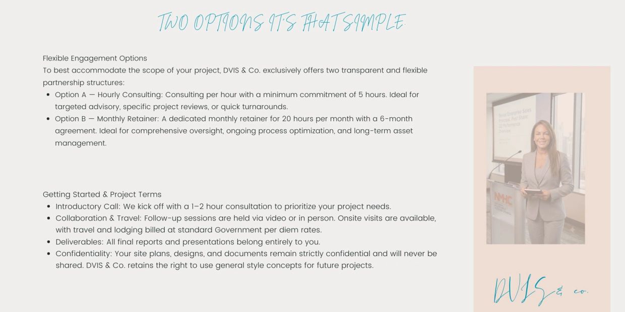 Flexible consulting options and project terms from DVIS &amp; Co.