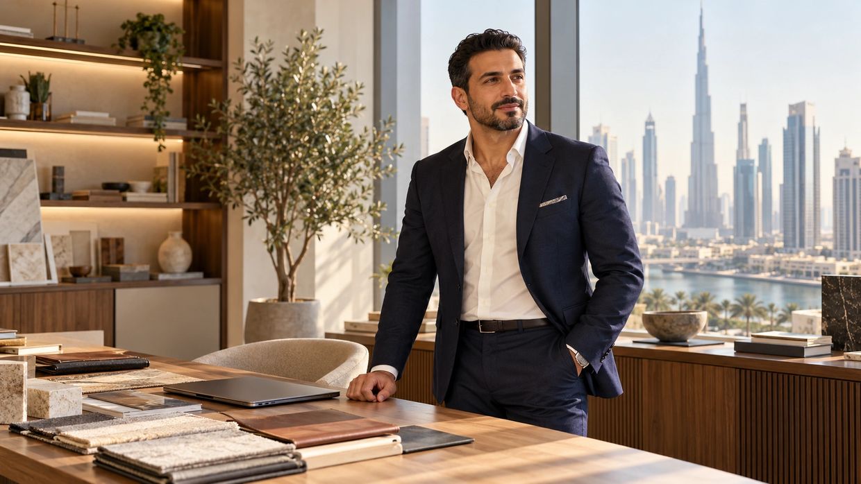 Man in suit leaning on table with Dubai skyline in the background.