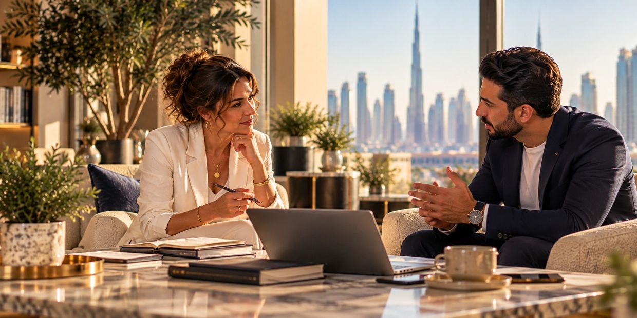 Two professionals discussing in a stylish office with city skyline view.