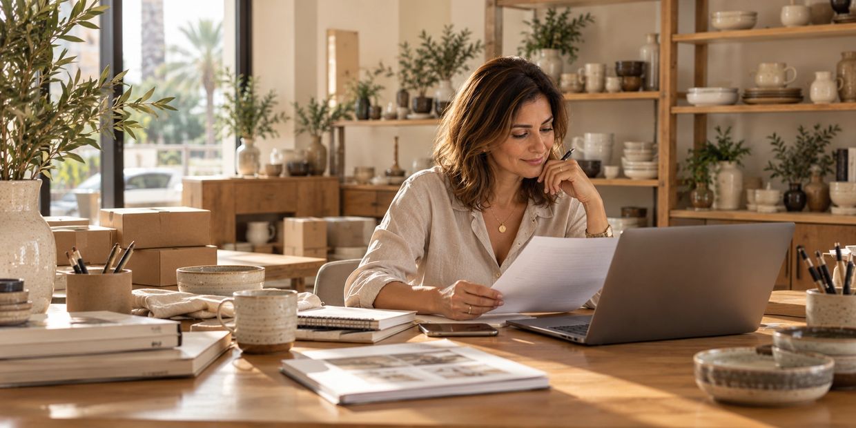 Woman working on documents with a laptop in a cozy workspace.
